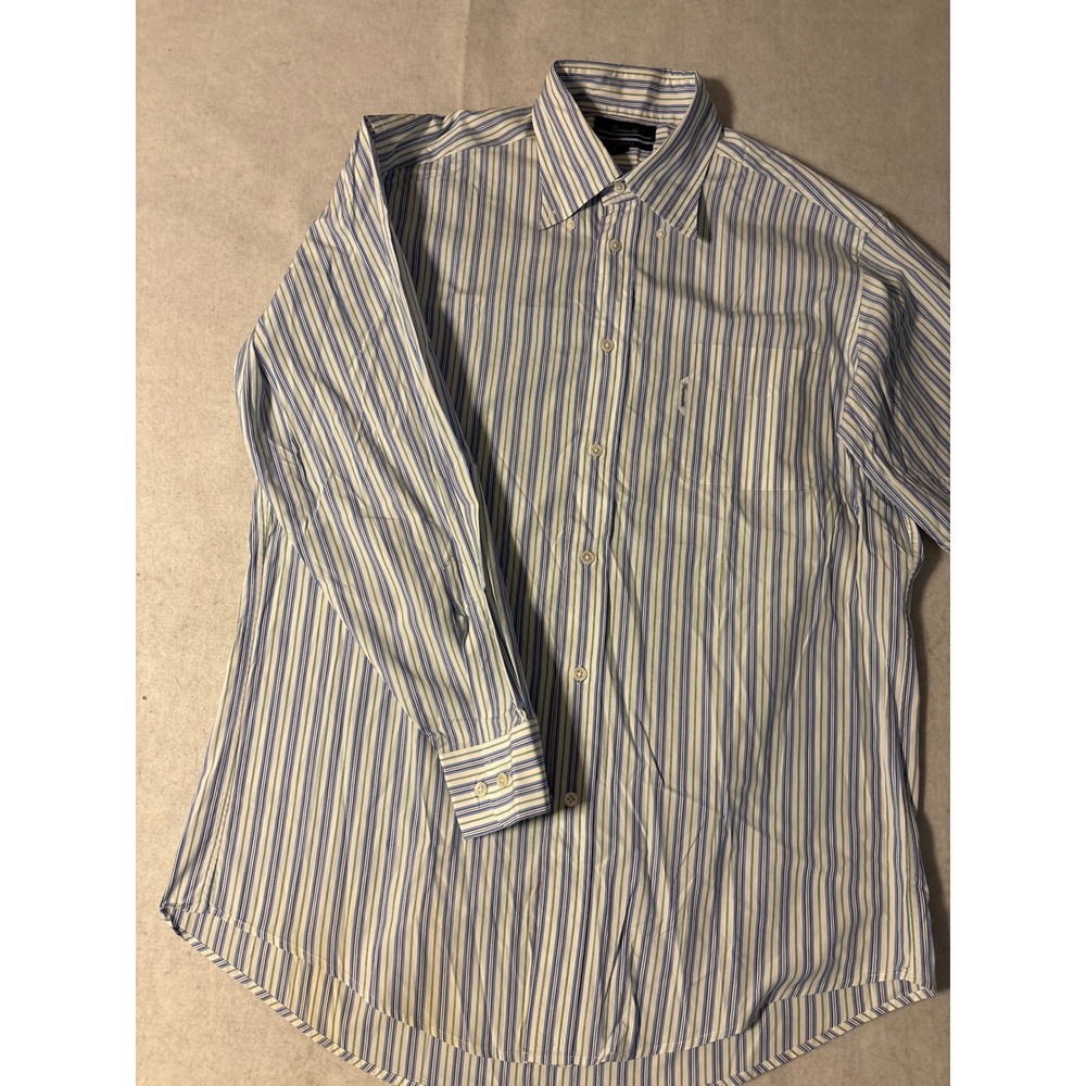 Faconnable Striped Button Down Shirt Mens L Blue Green Relaxed Fit French Design